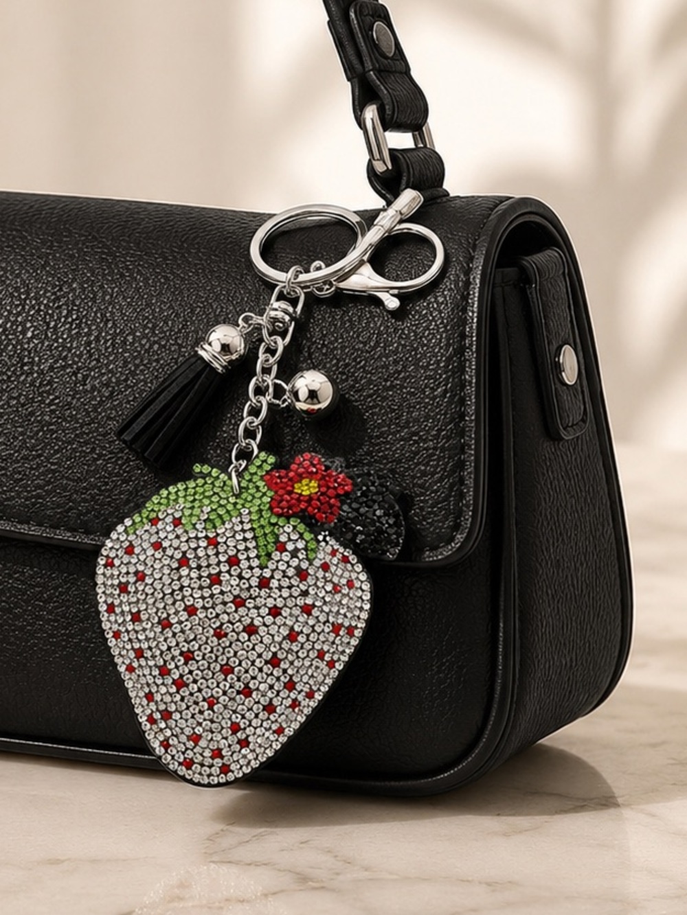 Silver Strawberry Bag Charm Keychain Crystal Purse Charm - Picture 4 of 4